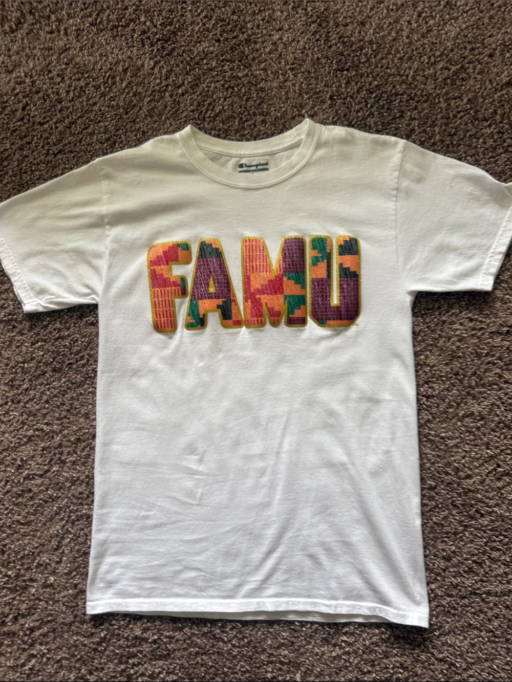 Champion White Tee with Multicolor FAMU Appliqué